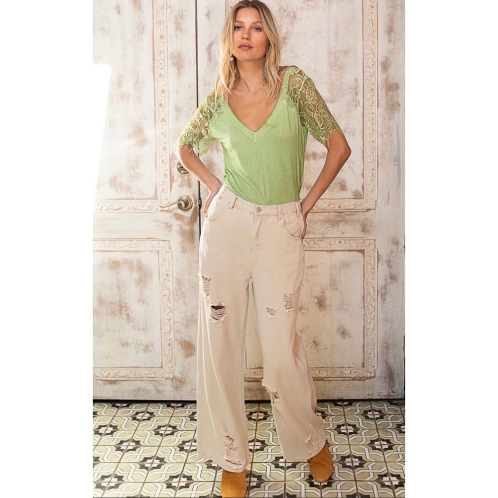 POL Lime Green V Neck Lace Sleeve Rayon Jersey Tee - Picture 7 of 8